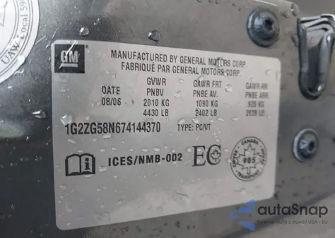 2007 Pontiac G6 z USA, uszkodzony, nr VIN 1G2ZG58N674144370